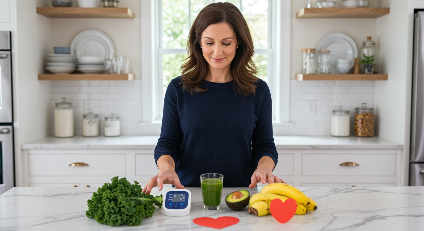 Middle-aged woman arranging wild kale leave, blood pressure monitor, and heart-healthy foods on white marble countertop