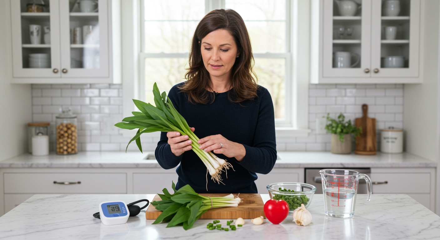 Middle-aged woman holding wild leeks behind marble countertop with blood pressure monitor and heart health items visible