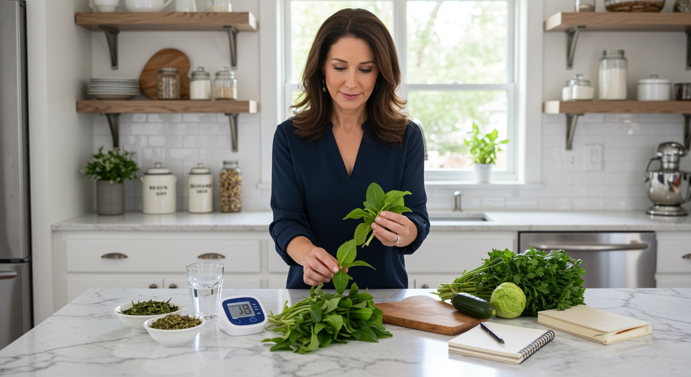 Woman holding wild lettuce leaves on marble countertop with blood pressure monitor and herbs in bright modern kitchen