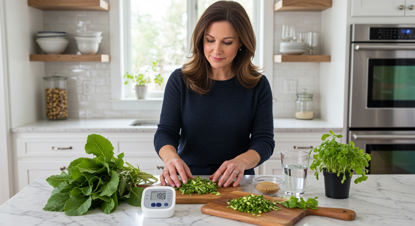 Woman standing behind marble counter examining wild mustard greens with blood pressure monitor and health items in modern kitchen