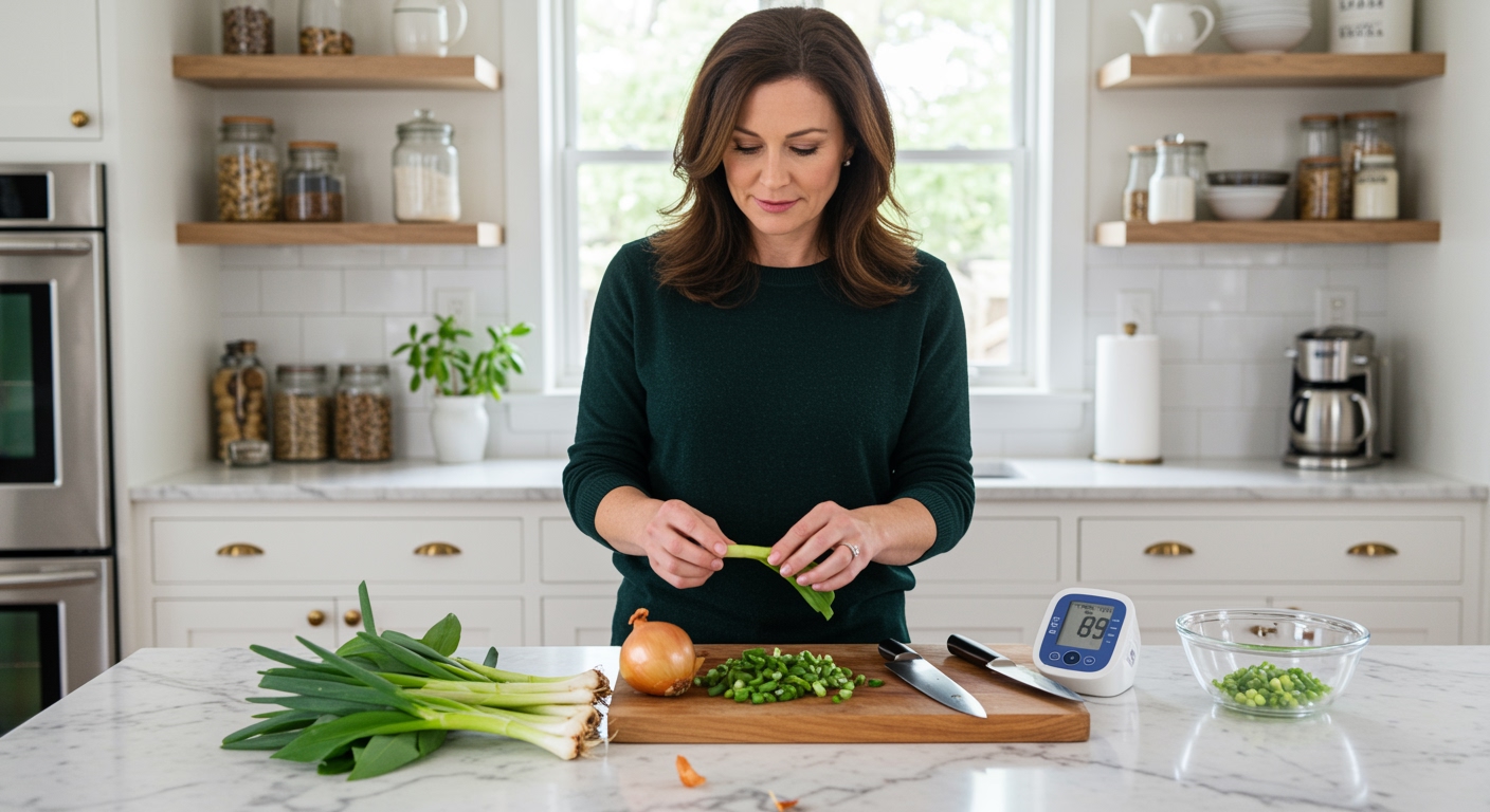 Woman holding wild onions on marble counter with blood pressure monitor and cooking ingredients in bright modern kitchen