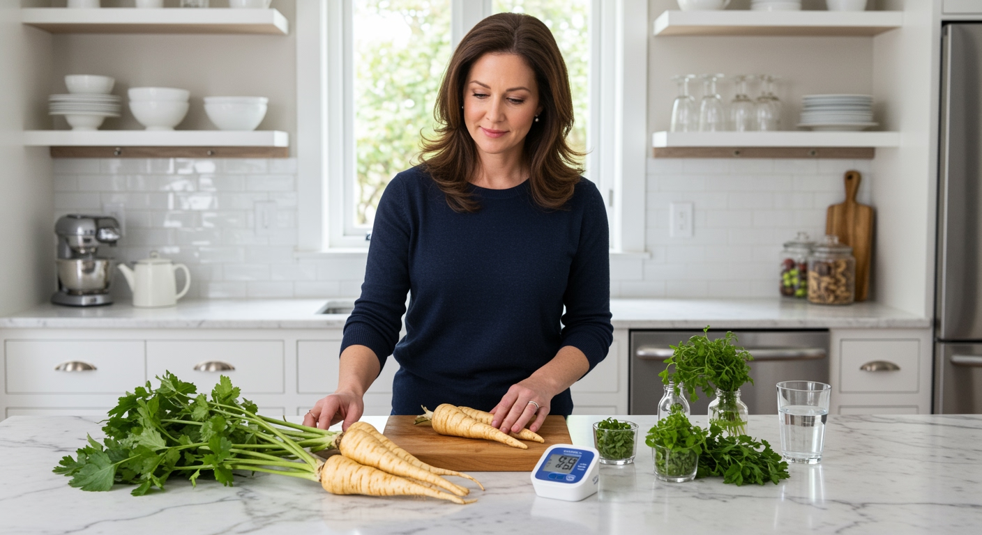 Woman holding wild parsnip behind marble countertop with blood pressure monitor and fresh vegetables in modern kitchen