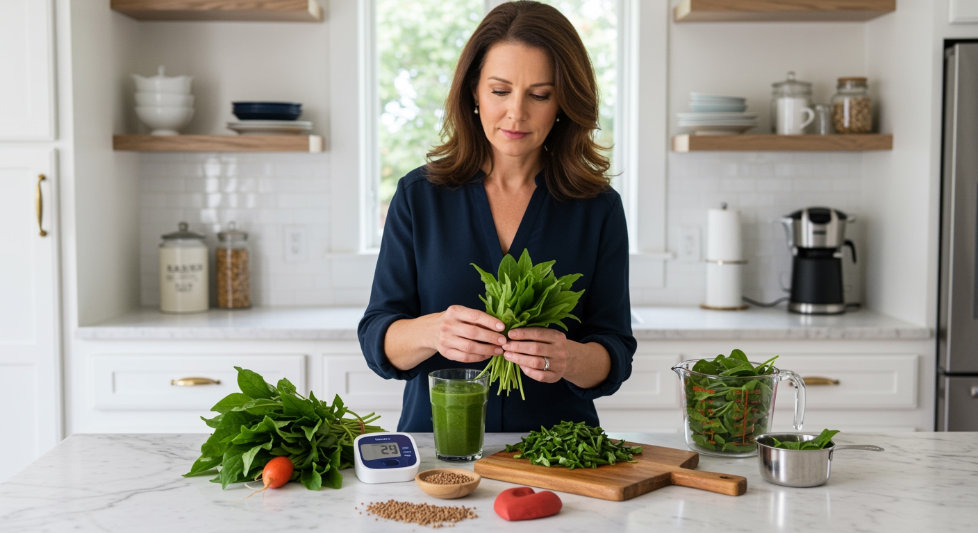 Woman holding wild spinach leaves on marble counter with blood pressure monitor and green smoothie in modern kitchen