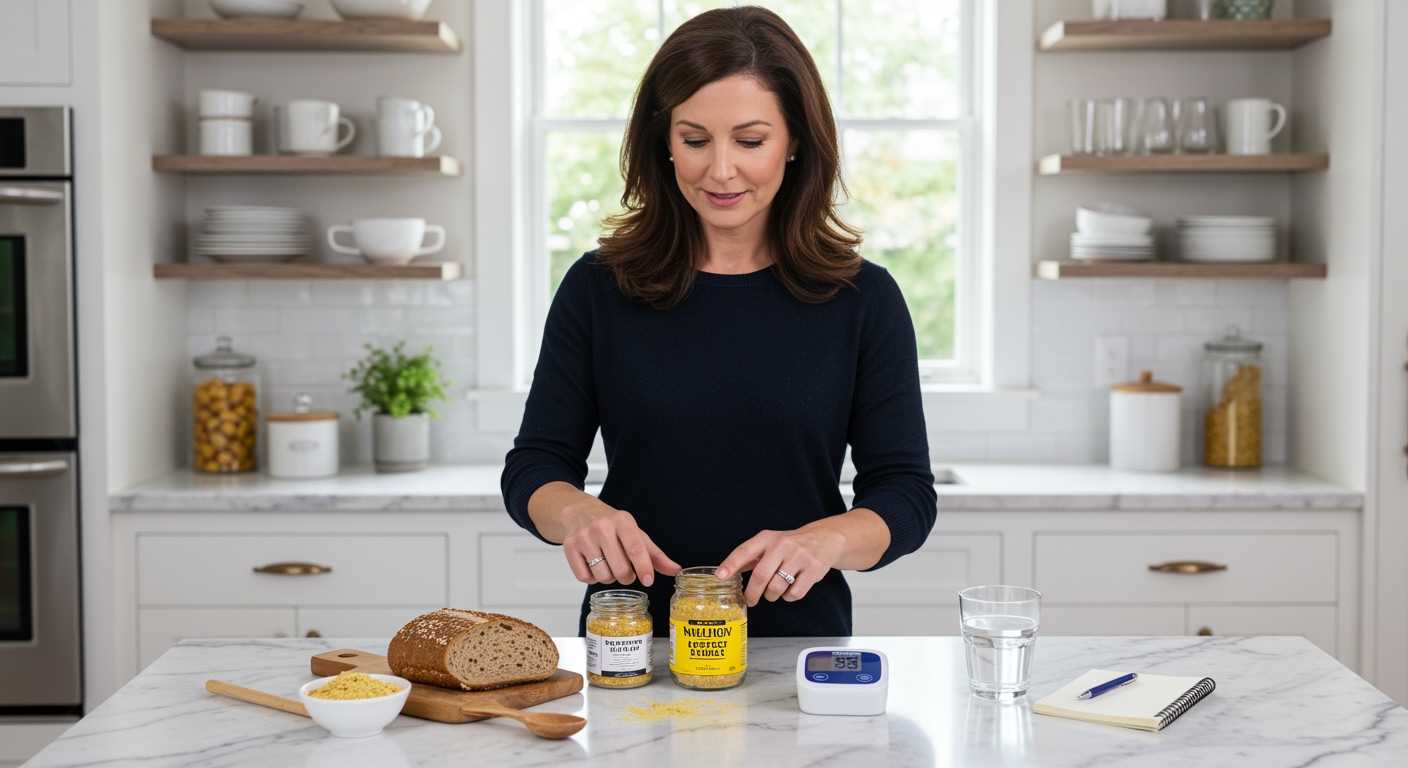 Middle-aged woman examining yeast extract jar while pointing to blood pressure monitor on marble countertop in bright kitchen