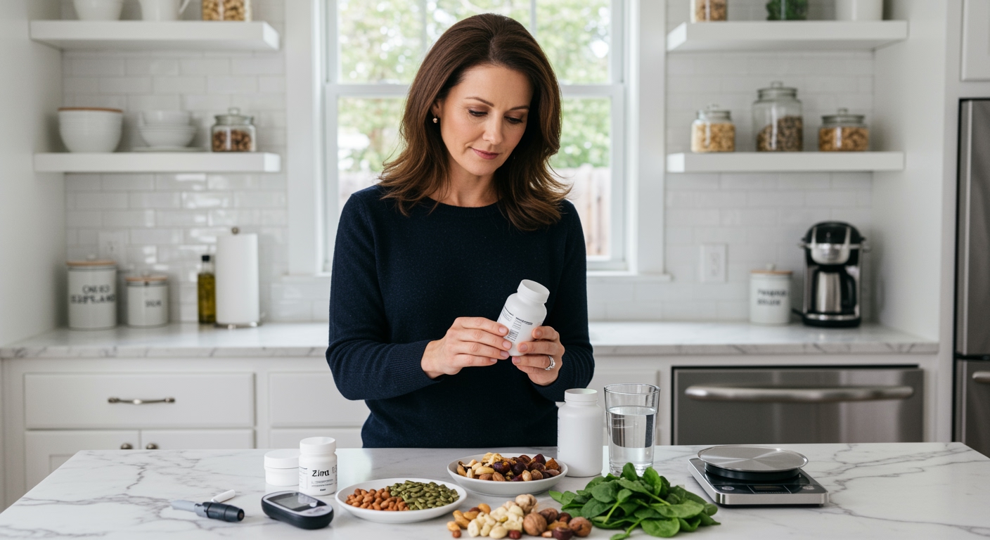 Middle-aged woman holding zinc supplement bottle while standing behind marble counter with blood glucose meter and zinc-rich foods
