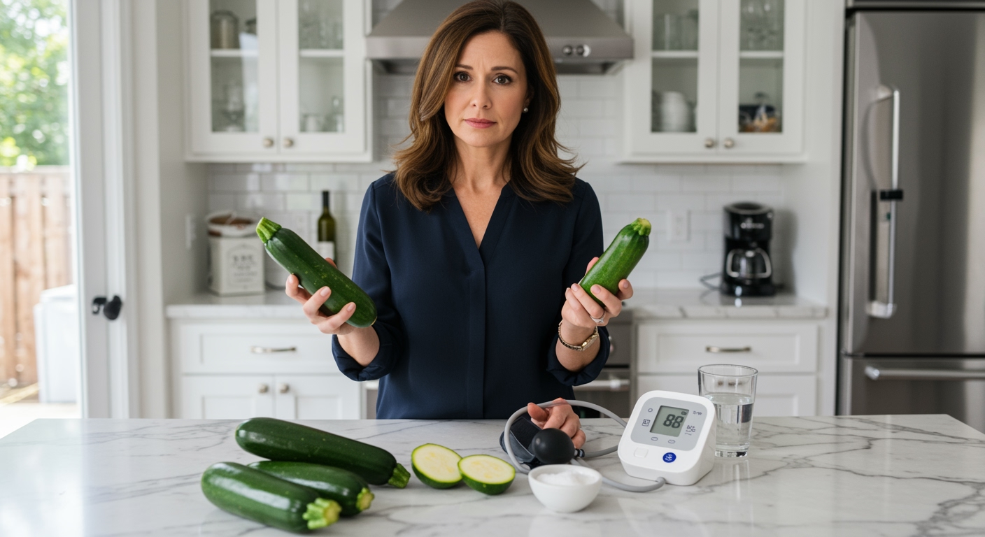 Woman holding zucchini standing behind marble counter with blood pressure monitor and vegetables in bright kitchen