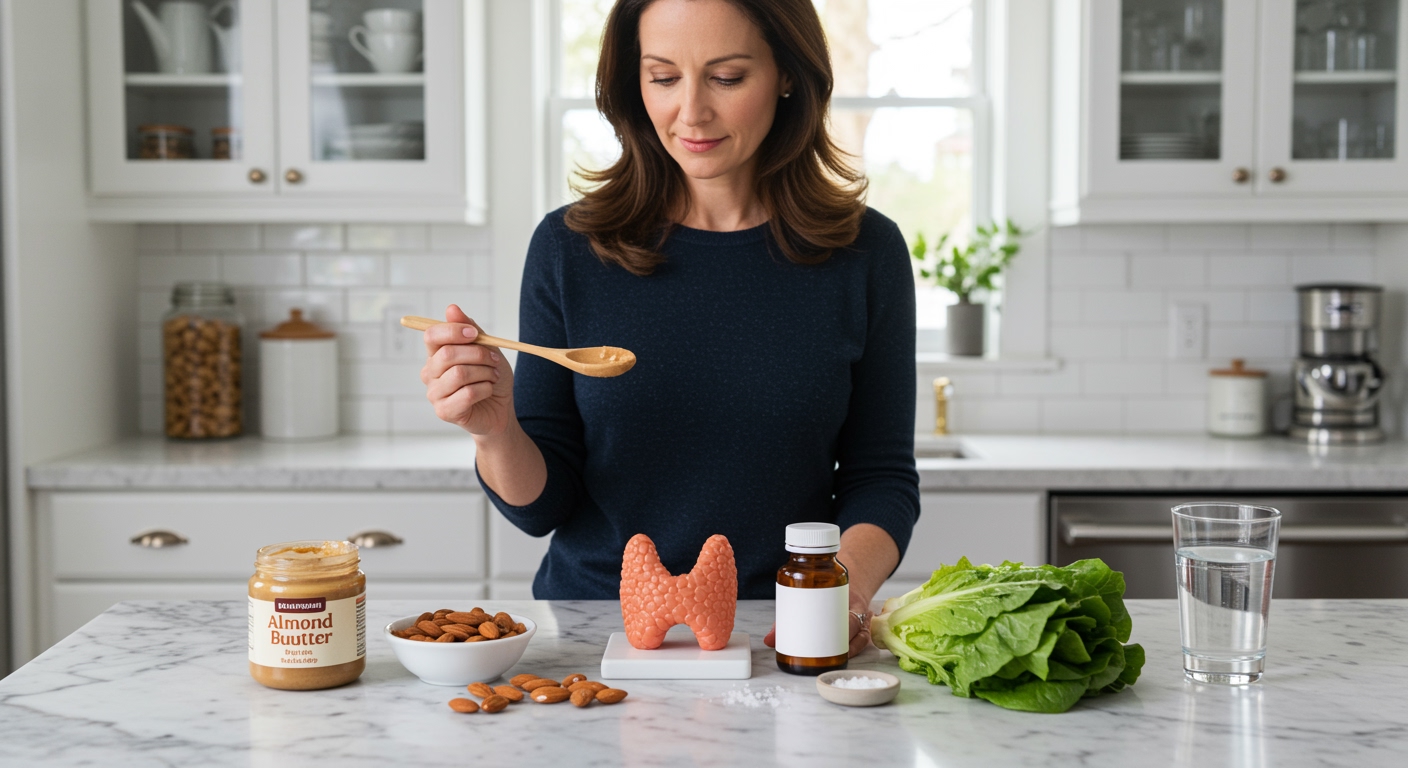 Woman holding wooden spoon looking at almond butter jar, thyroid model, medication, and healthy foods on white marble counter