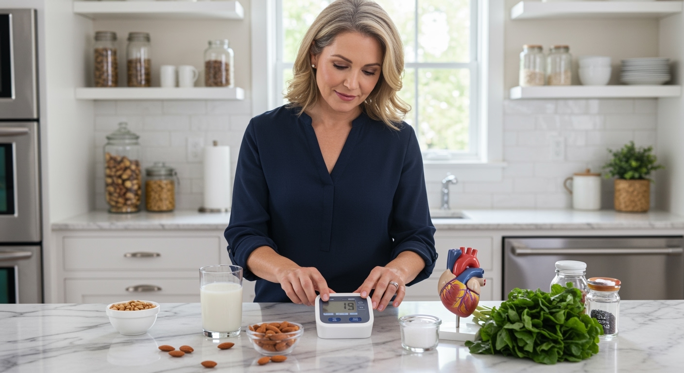 Middle-aged woman standing behind marble countertop examining blood pressure monitor with almond milk, almonds, and heart model visible