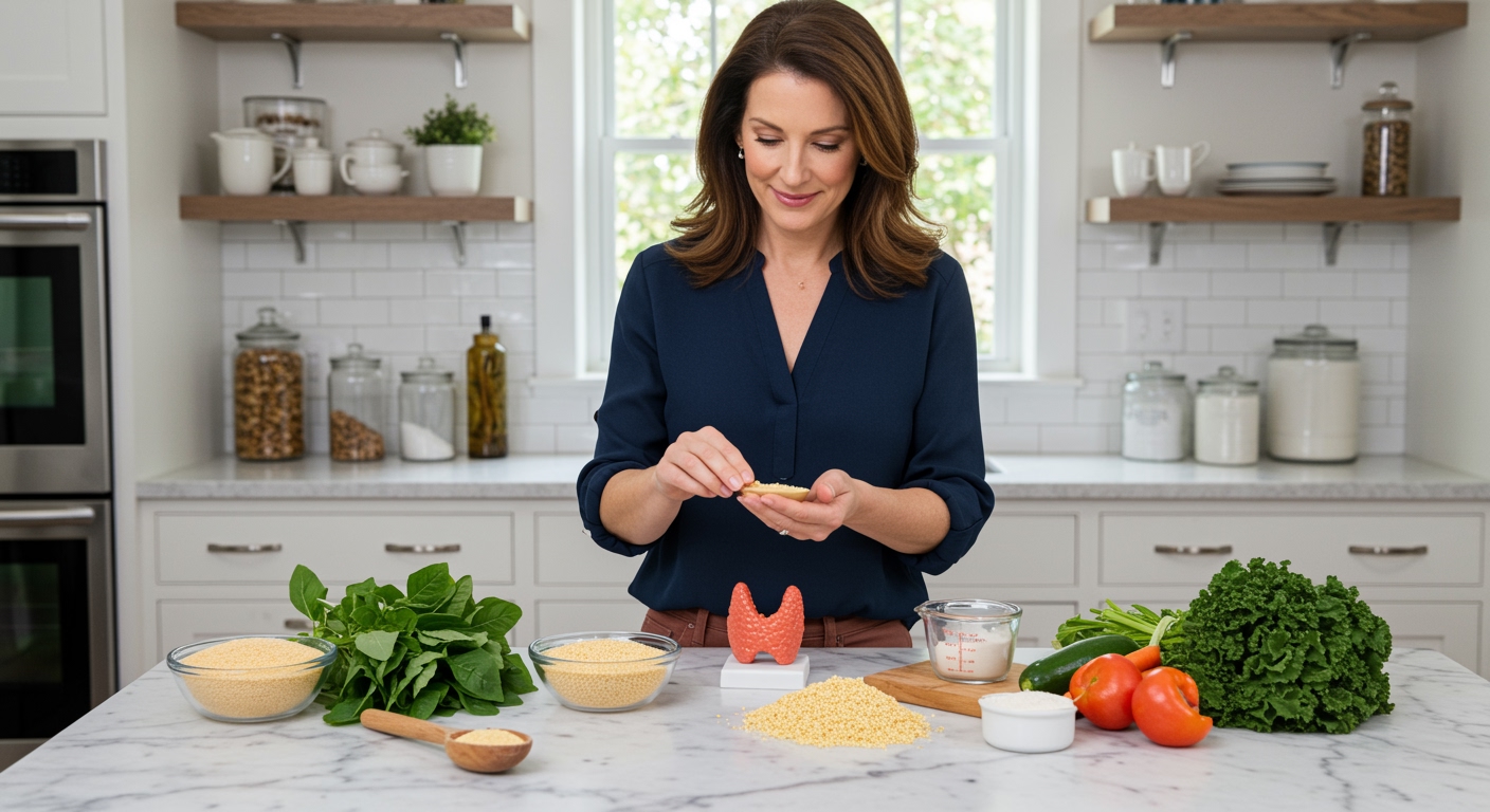 Woman examining amaranth grains in glass bowl on marble counter with thyroid model and fresh vegetables in bright kitchen