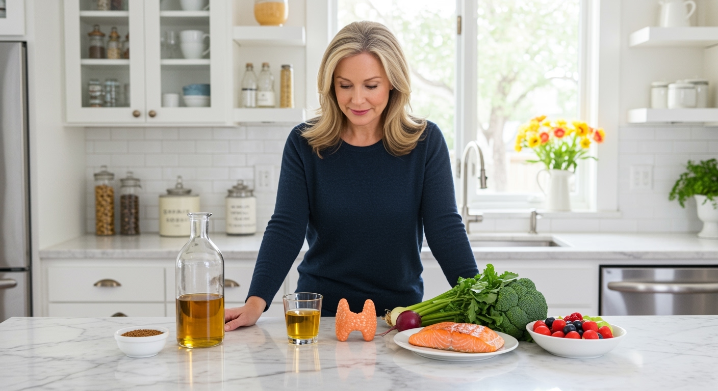 Woman standing behind marble countertop with glass bottle of amber liquid, thyroid model, vegetables, and salmon in bright kitchen