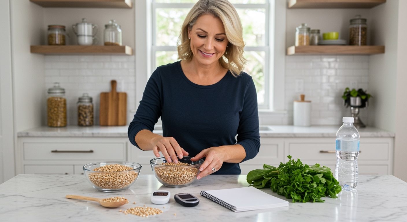 Woman standing behind marble counter touching bowl of bajra grains with glucose meter and fresh vegetables in bright modern kitchen