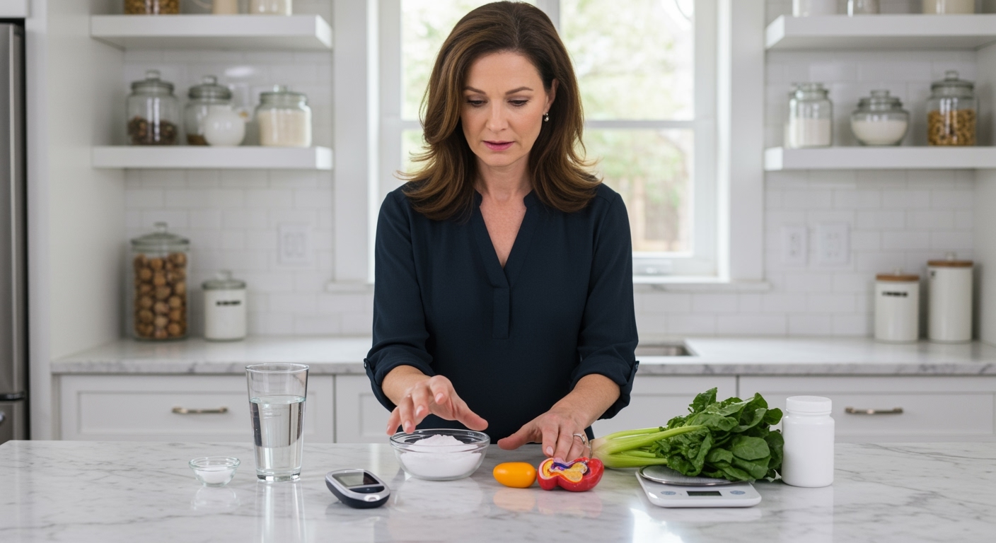 Woman standing behind marble counter with baking soda, glucose meter, pancreas model, and diabetes management items in bright kitchen