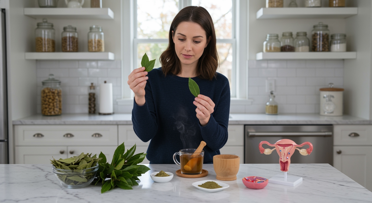Woman holding fresh bay leaves while standing behind marble countertop with herbal tea, mortar and pestle, and ovary model in kitchen