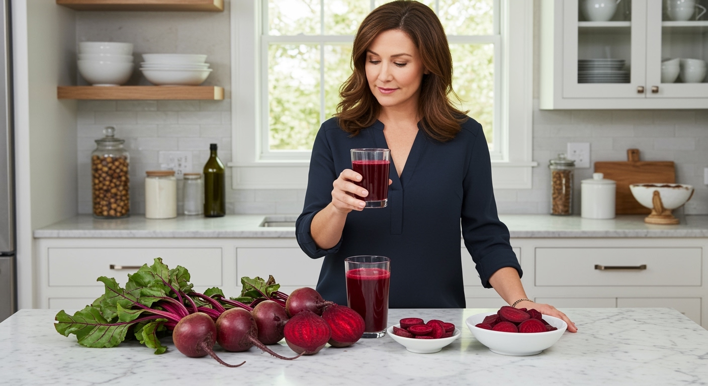 Middle-aged woman holding glass of red beet juice while standing behind marble countertop with fresh whole and sliced beets
