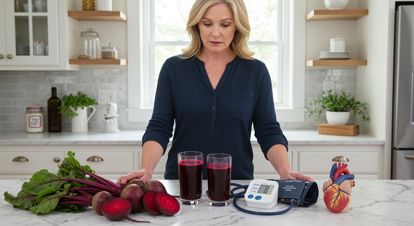 Woman holding fresh beet while standing behind marble counter with sliced beets, juice, and blood pressure equipment in bright kitchen