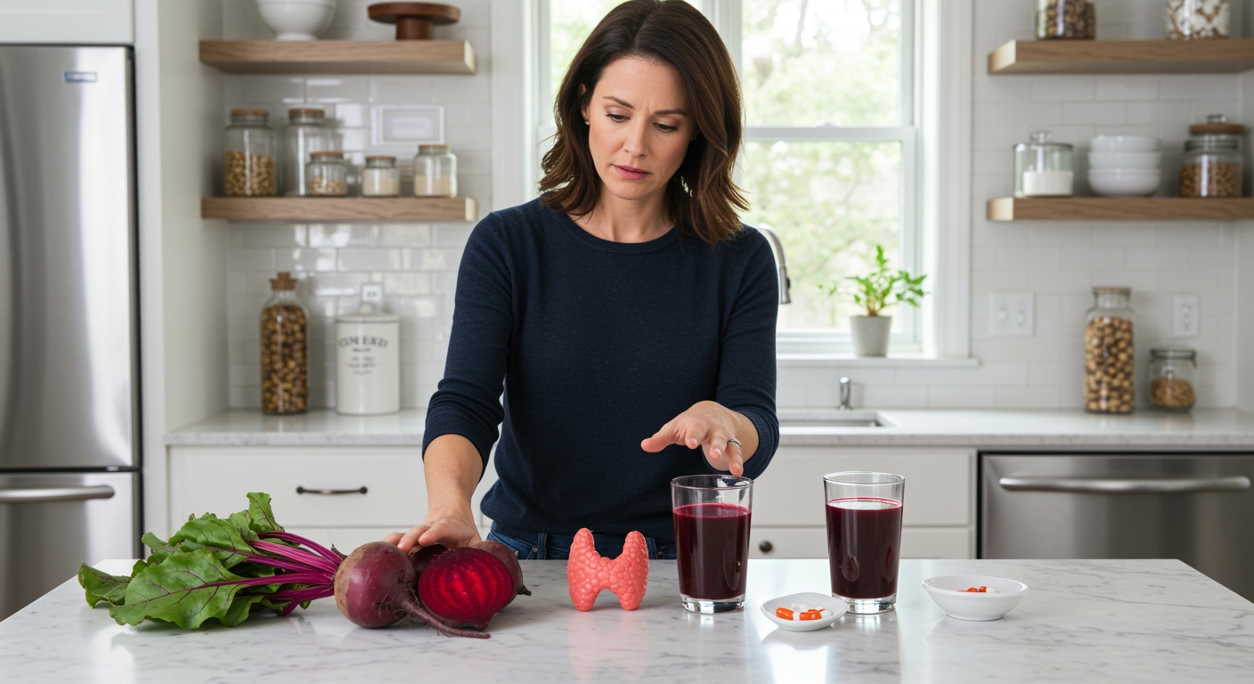 Woman holding fresh beet while looking at thyroid model on marble counter with beet juice and medication visible in bright kitchen