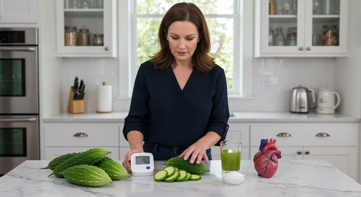 Woman standing behind marble counter with bitter gourd, blood pressure monitor, juice glass, and heart model in bright kitchen
