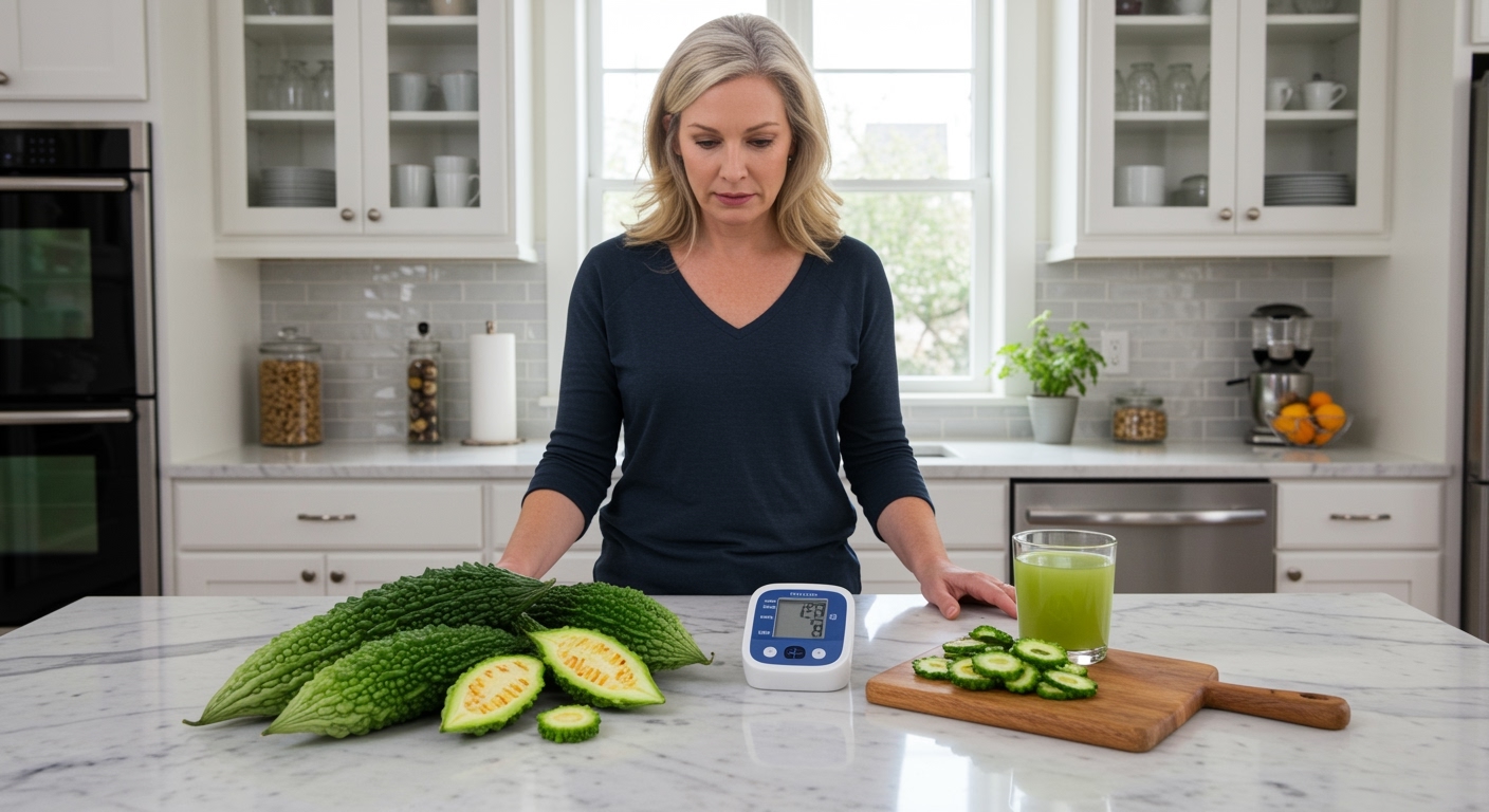 Middle-aged woman standing behind marble counter with bitter gourds, blood pressure monitor, and juice in bright kitchen