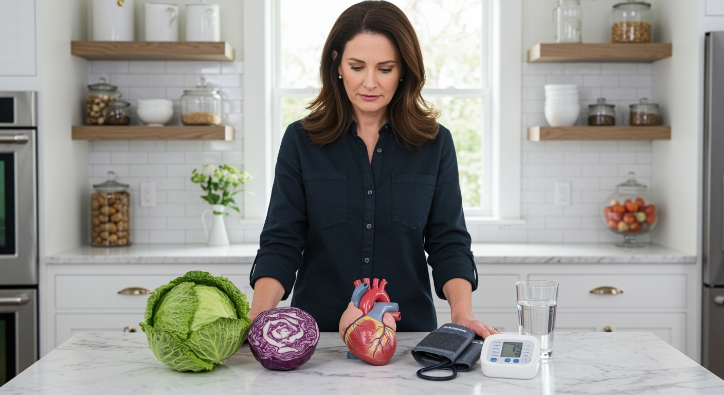 Woman standing behind marble counter with whole green cabbage, halved purple cabbage, heart model, blood pressure cuff, and water glass