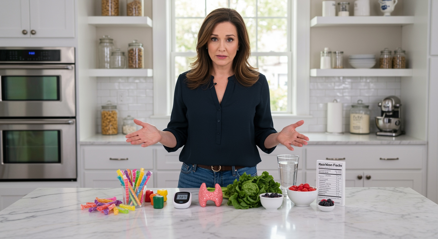 Woman standing behind marble countertop with candy sticks, thyroid model, vegetables, water glass, berries, and health monitoring device.