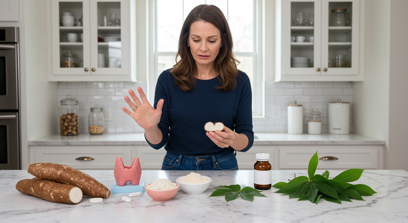 Middle-aged woman standing behind marble counter examining cassava root with thyroid model and supplements visible in modern kitchen