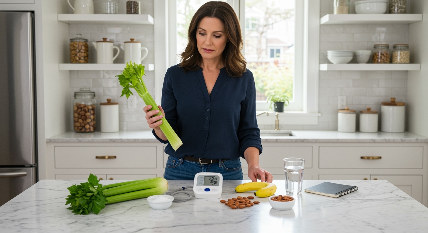 Middle-aged woman holding celery stalk while standing behind marble counter with blood pressure monitor and healthy foods visible