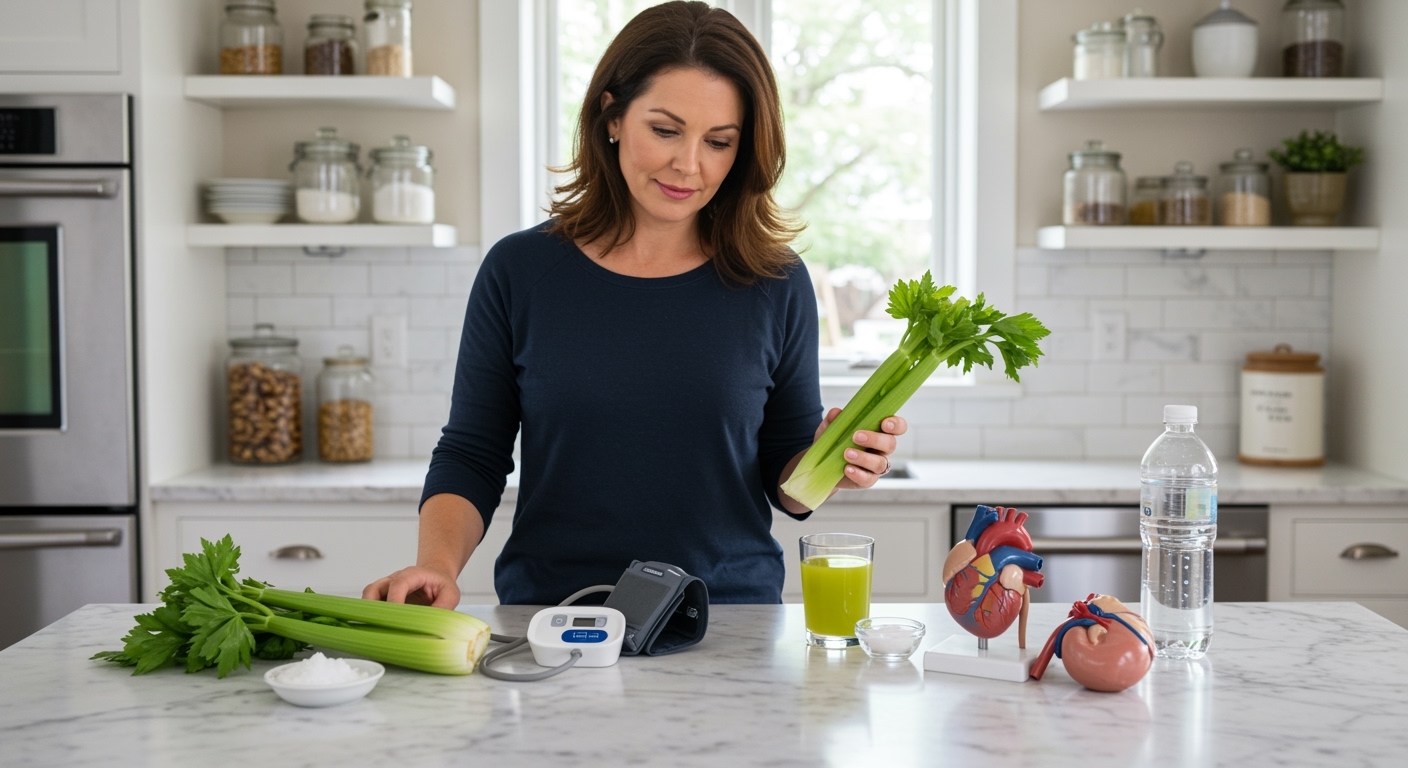 Woman holding celery stalk while examining blood pressure monitor with heart model, kidney model, and juice on marble countertop