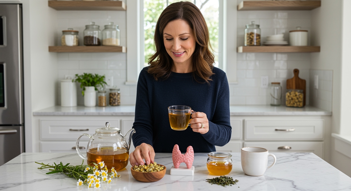 Woman holding glass teacup with chamomile tea while touching fresh chamomile flower on marble counter with thyroid model and tea items