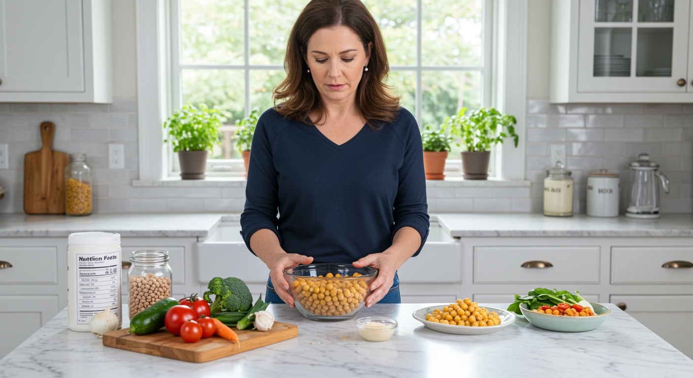 Middle-aged woman in navy shirt looking at bowl of dried chickpeas on white kitchen counter with vegetables and cooking items
