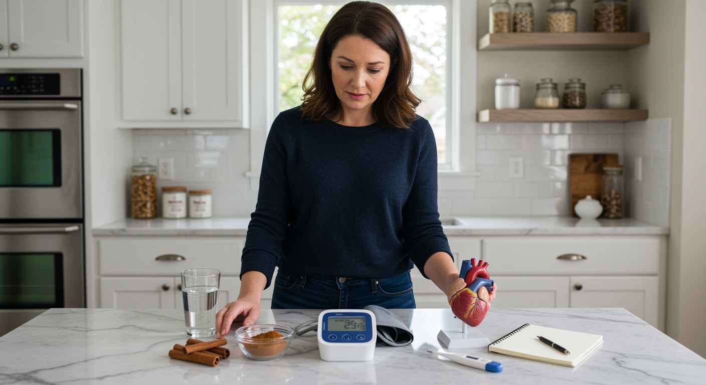 Woman holding cinnamon stick while standing behind marble counter with blood pressure monitor, heart model, and spices in sunlit kitchen