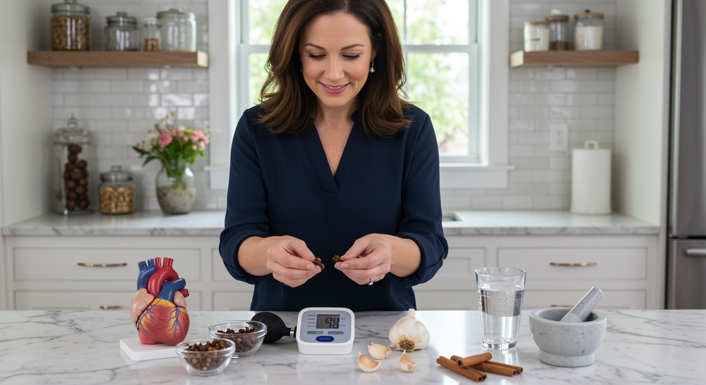 Woman examining whole cloves on white marble countertop with blood pressure monitor and heart model in bright modern kitchen