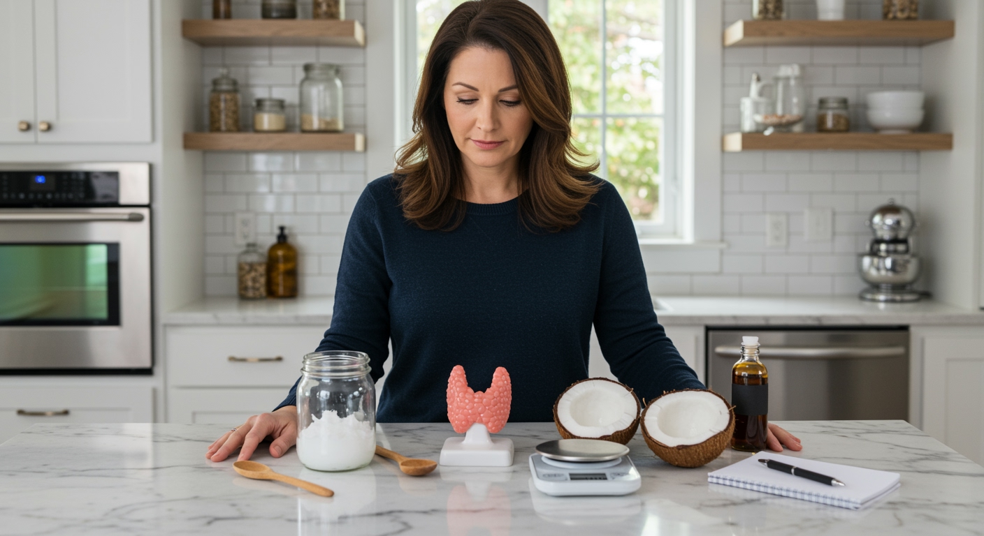 Middle-aged woman standing behind marble countertop with coconut oil jar, thyroid model, and health-related items in bright kitchen