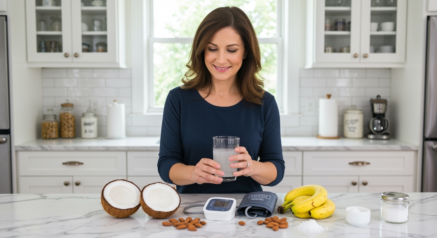 Woman holding glass of coconut water standing behind marble counter with fresh coconut, blood pressure monitor, and healthy foods