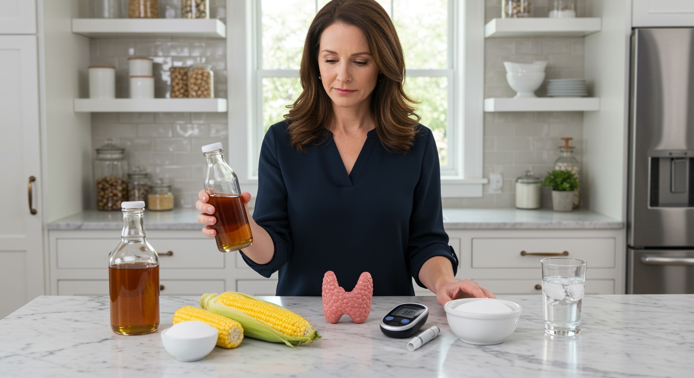 Middle-aged woman holding corn syrup bottle while examining thyroid model on marble countertop with corn and sugar in bright kitchen