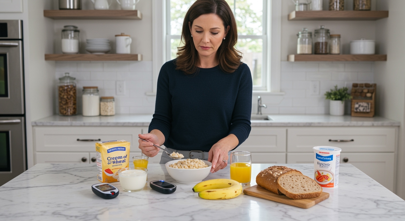Middle-aged woman standing behind marble counter with bowl of cream of wheat, glucose meter, and breakfast foods in bright kitchen