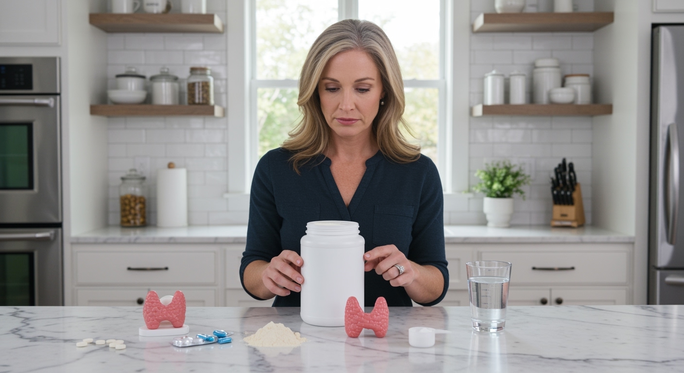 Middle-aged woman standing behind marble counter examining creatine powder container and thyroid gland model in bright kitchen