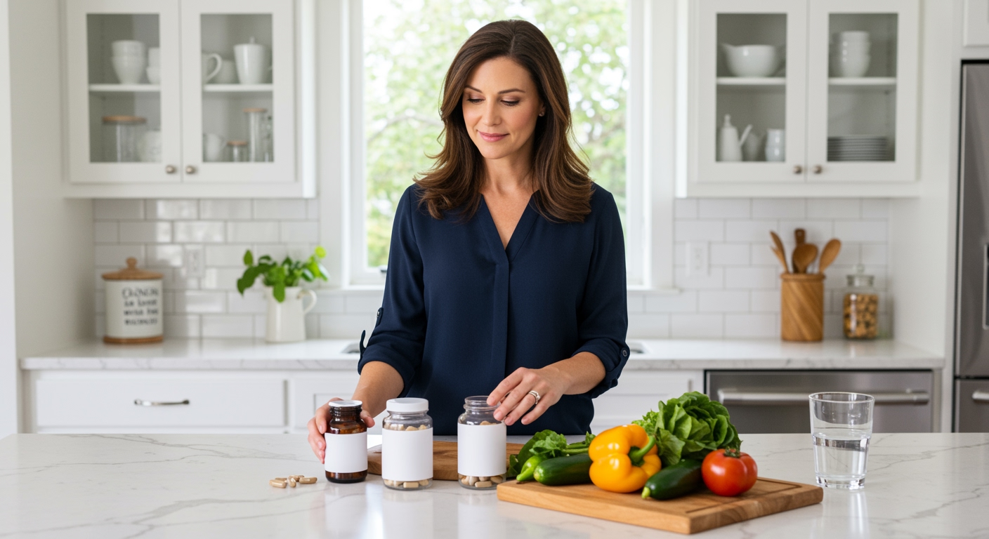 Woman in navy blouse examining supplement bottles on white marble countertop with fresh vegetables in bright modern kitchen