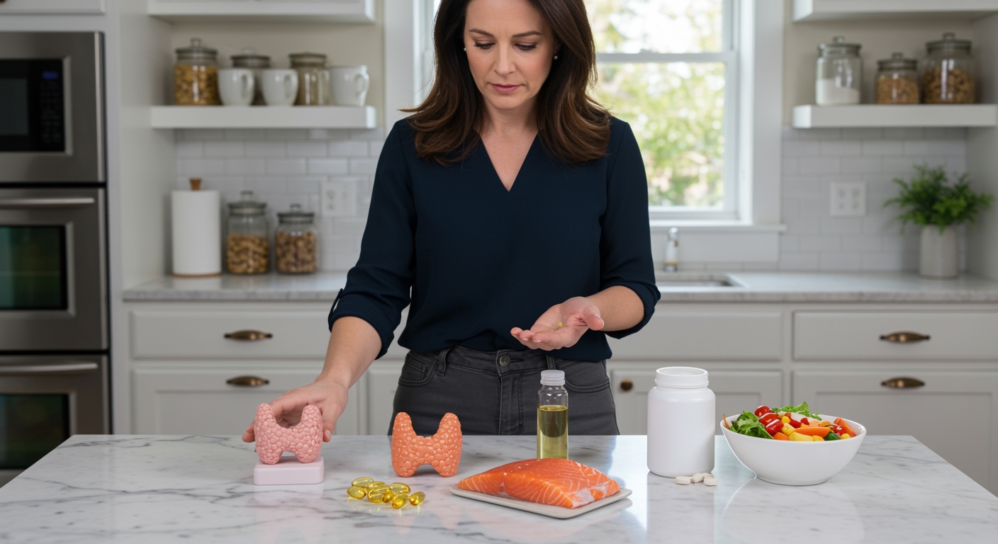 Middle-aged woman standing behind marble counter examining fish oil capsules, salmon, and thyroid model in bright modern kitchen