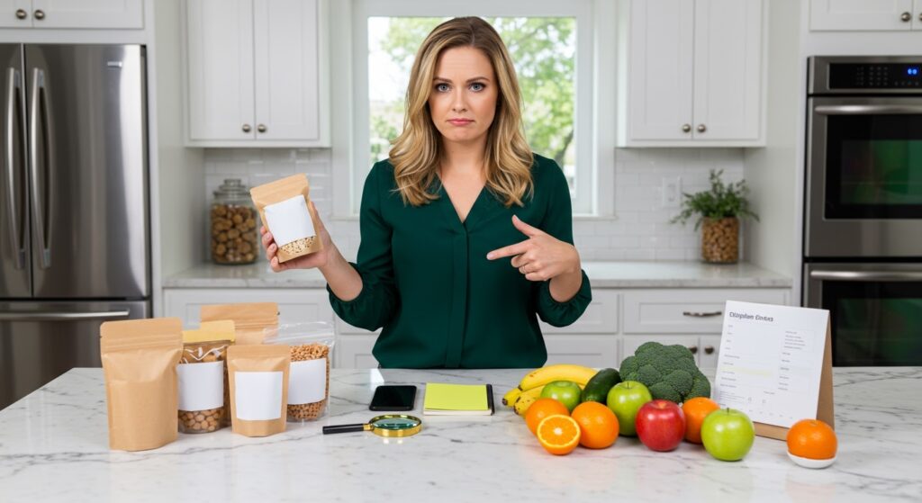 Young woman in green blouse holding product package while pointing at label, surrounded by magnifying glass and comparison materials on marble counter