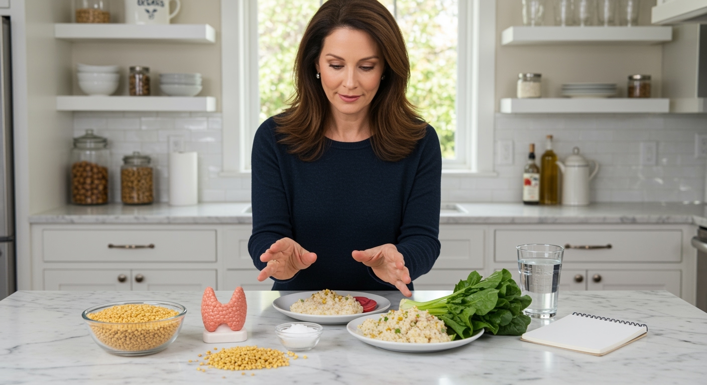 Middle-aged woman in navy sweater arranging foxtail millet grains, thyroid model, and healthy foods on white marble countertop