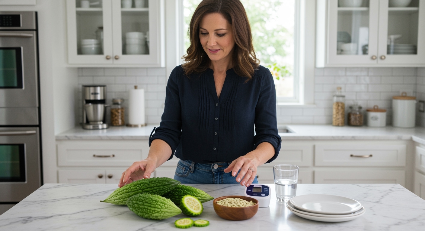 Middle-aged woman touching fresh bitter melons on marble countertop with blood pressure monitor and health items in bright kitchen