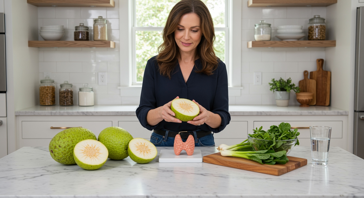 Middle-aged woman holding cut breadfruit behind marble counter with whole breadfruit, thyroid model, and fresh vegetables visible.