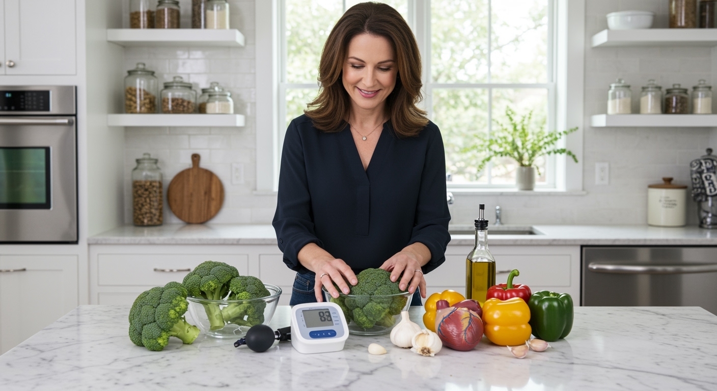 Middle-aged woman touching fresh broccoli florets on marble countertop with blood pressure monitor and heart model visible in bright kitchen