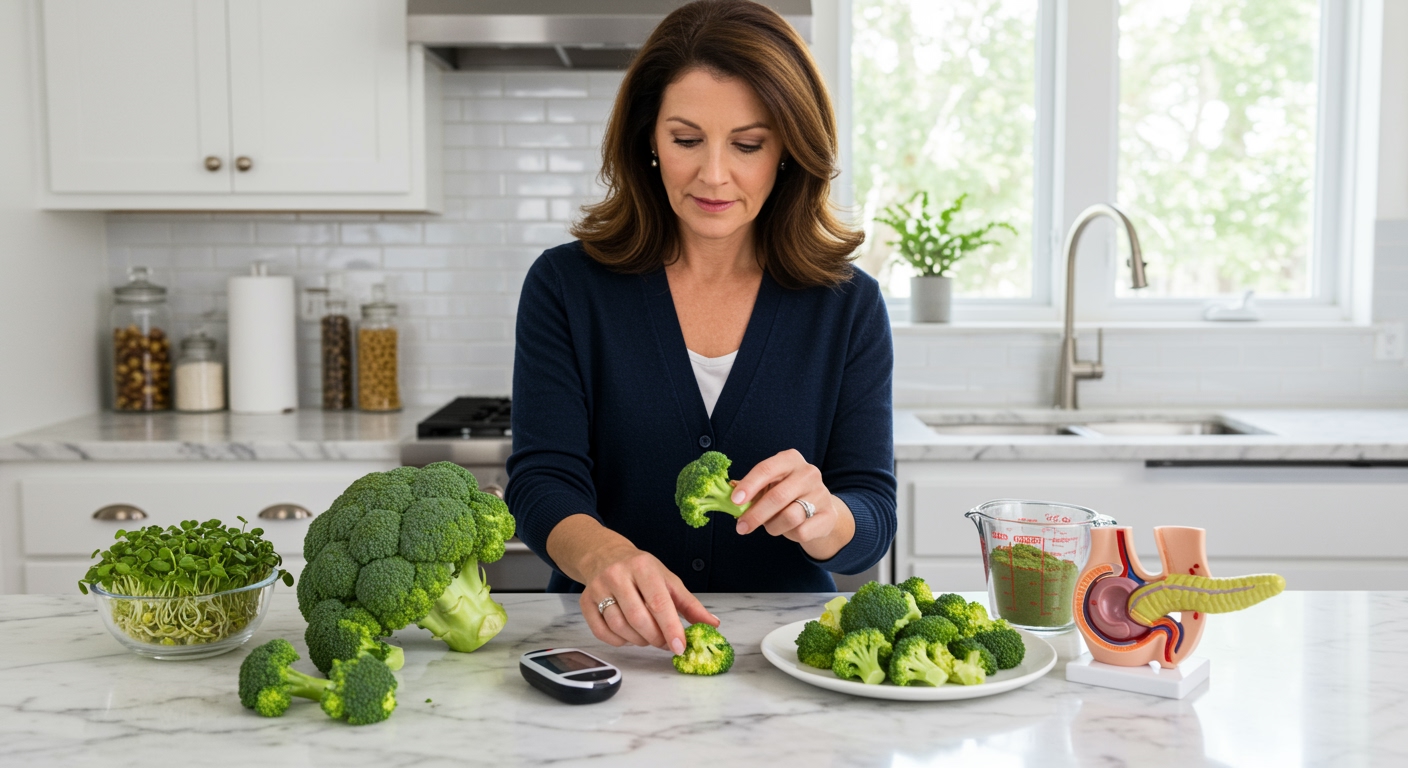 Middle-aged woman examining fresh broccoli florets with both hands on white marble countertop with health items visible