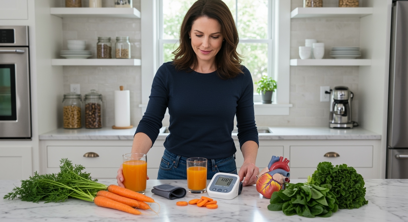 Middle-aged woman standing behind marble counter holding carrot with blood pressure monitor, carrot juice, and heart model visible