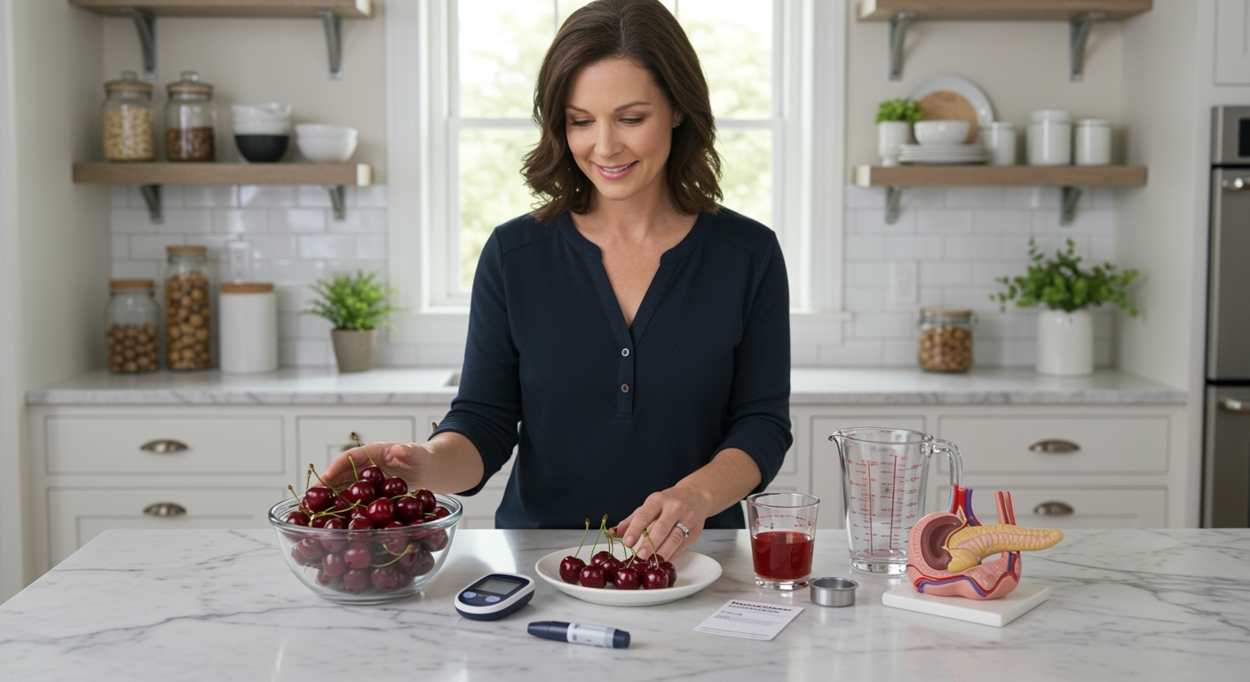 Middle-aged woman standing behind marble counter with fresh cherries, glucose meter, and pancreas model in bright modern kitchen