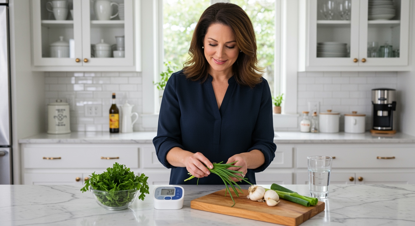 Woman examining fresh chives on marble countertop with blood pressure monitor and herbs in bright modern kitchen