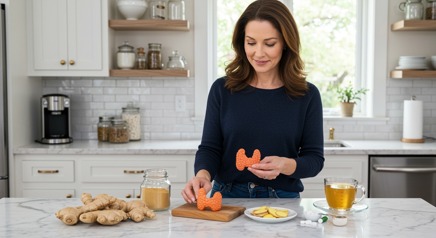 Middle-aged woman holding fresh ginger root while standing behind marble countertop with thyroid model and ginger products in bright kitchen