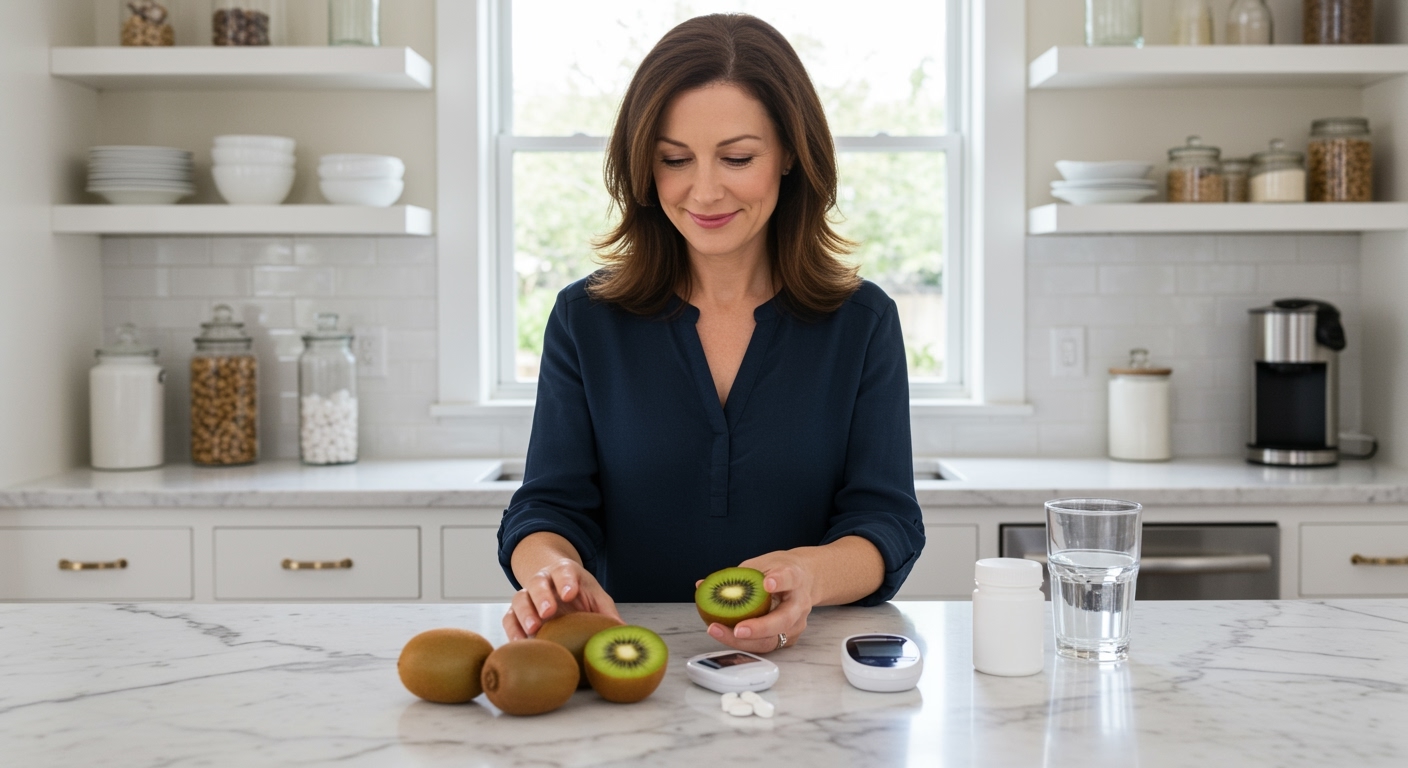 Middle-aged woman holding halved kiwi fruit on white marble countertop with whole kiwis and health monitoring items in bright kitchen