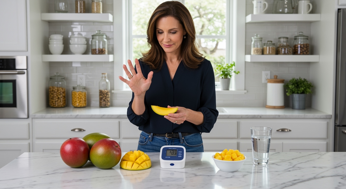 Middle-aged woman in navy blouse holding mango slice while standing behind marble countertop with fresh mangoes and blood pressure monitor